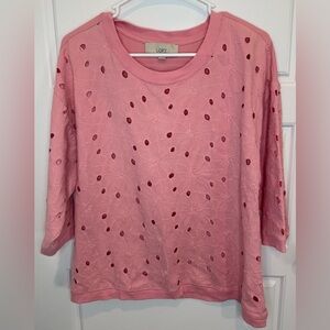 LOFT Size Medium Shirt Pink Short Sleeve Top Cutout Eyelet Embroidered EUC